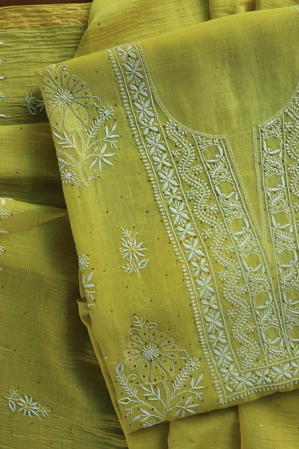 Olive Green Mal Cotton Fine Chikankari With Kamdani Work Unstitched Fabric