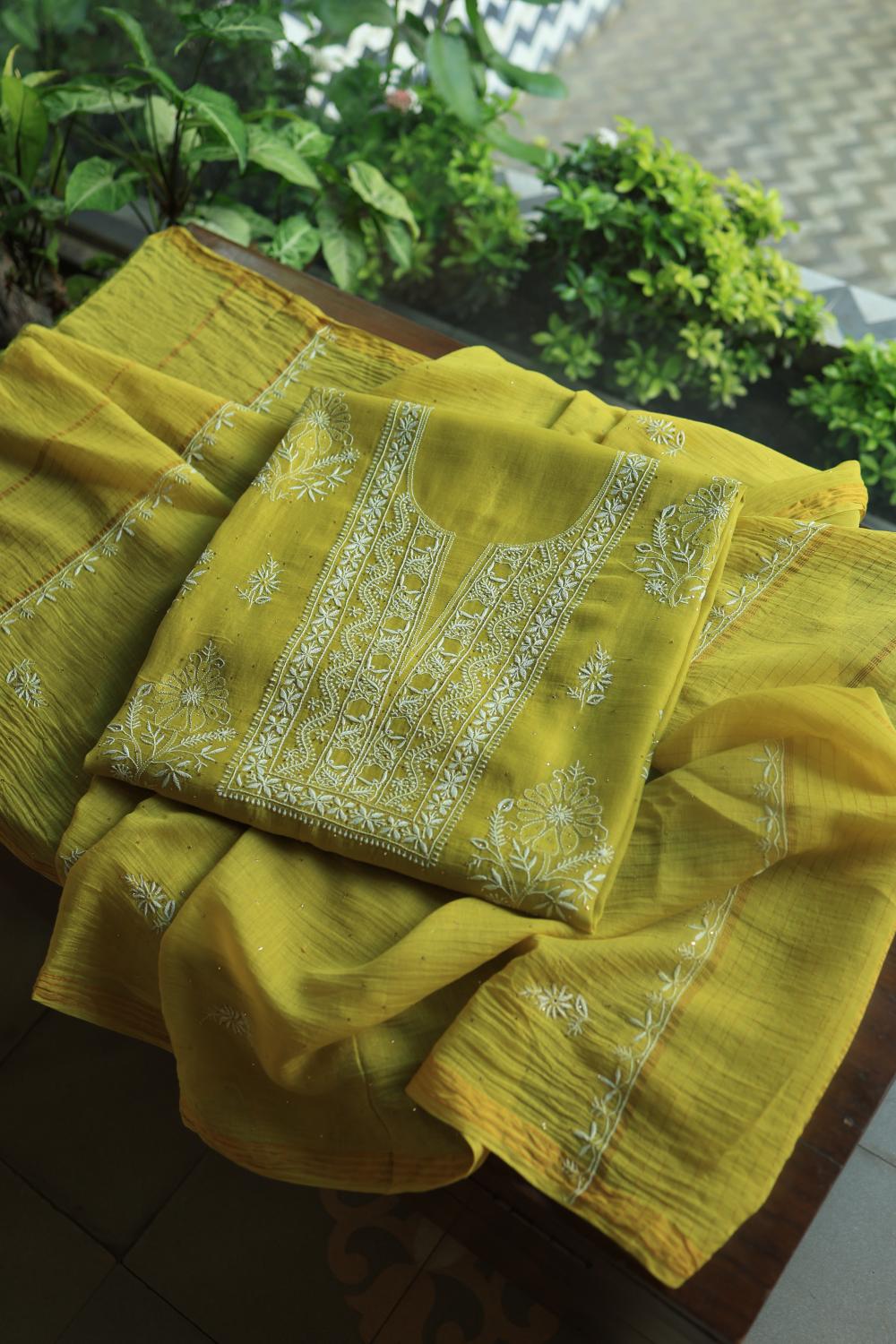 Olive Green Mal Cotton Fine Chikankari With Kamdani Work Unstitched Fabric