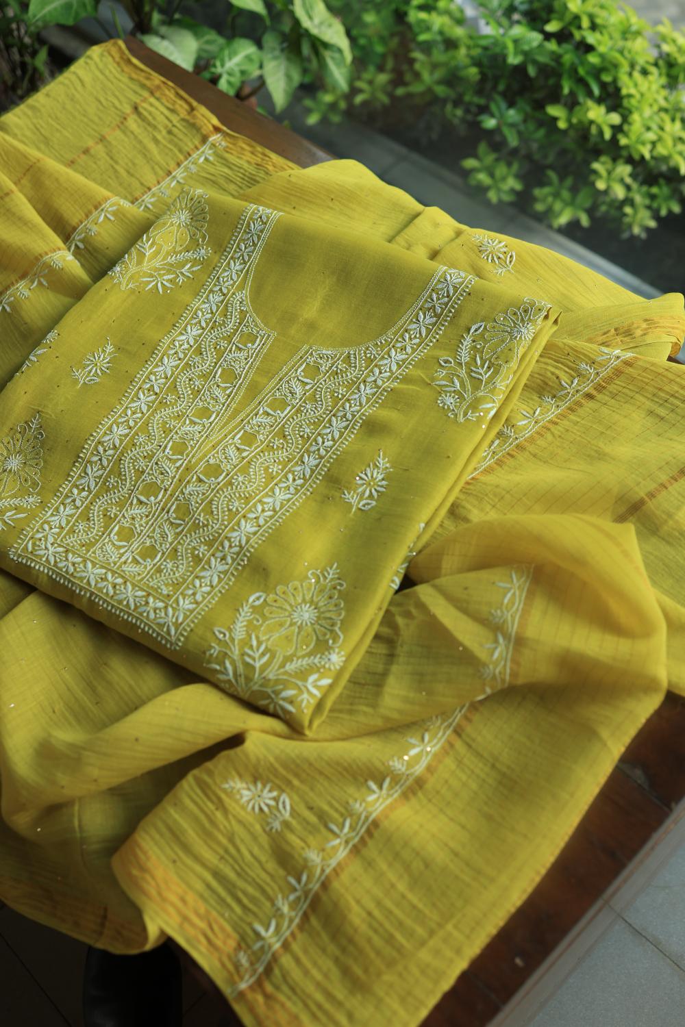 Olive Green Mal Cotton Fine Chikankari With Kamdani Work Unstitched Fabric