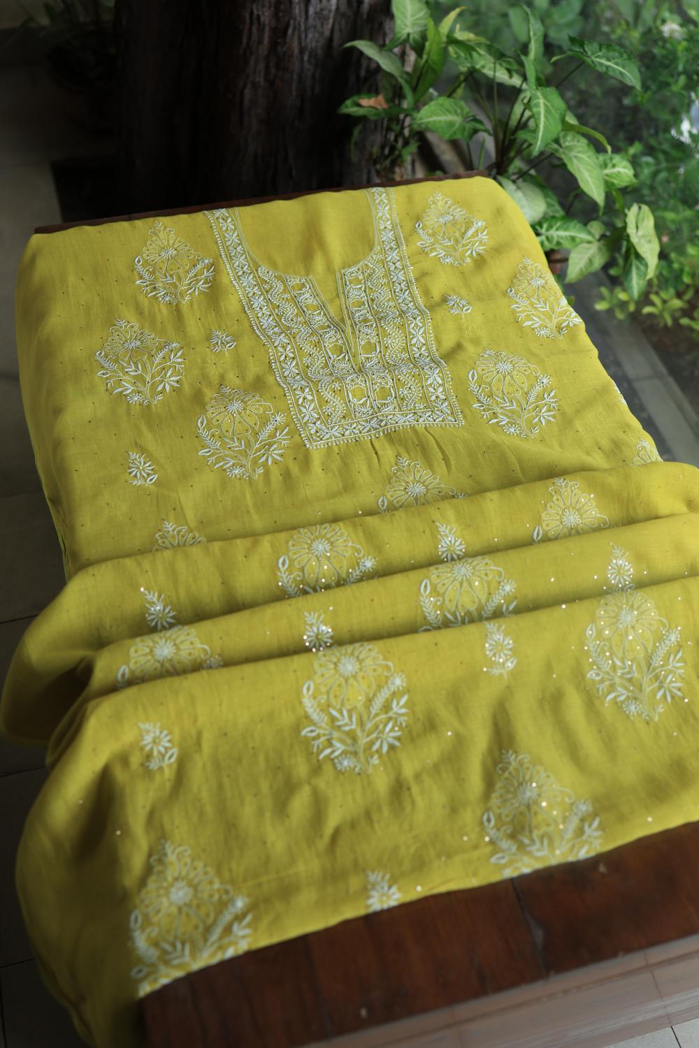 Olive Green Mal Cotton Fine Chikankari With Kamdani Work Unstitched Fabric