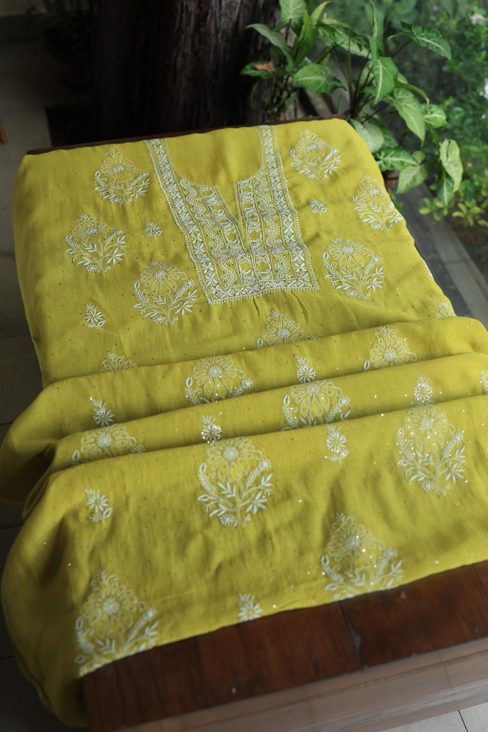 Olive Green Mal Cotton Fine Chikankari With Kamdani Work Unstitched Fabric