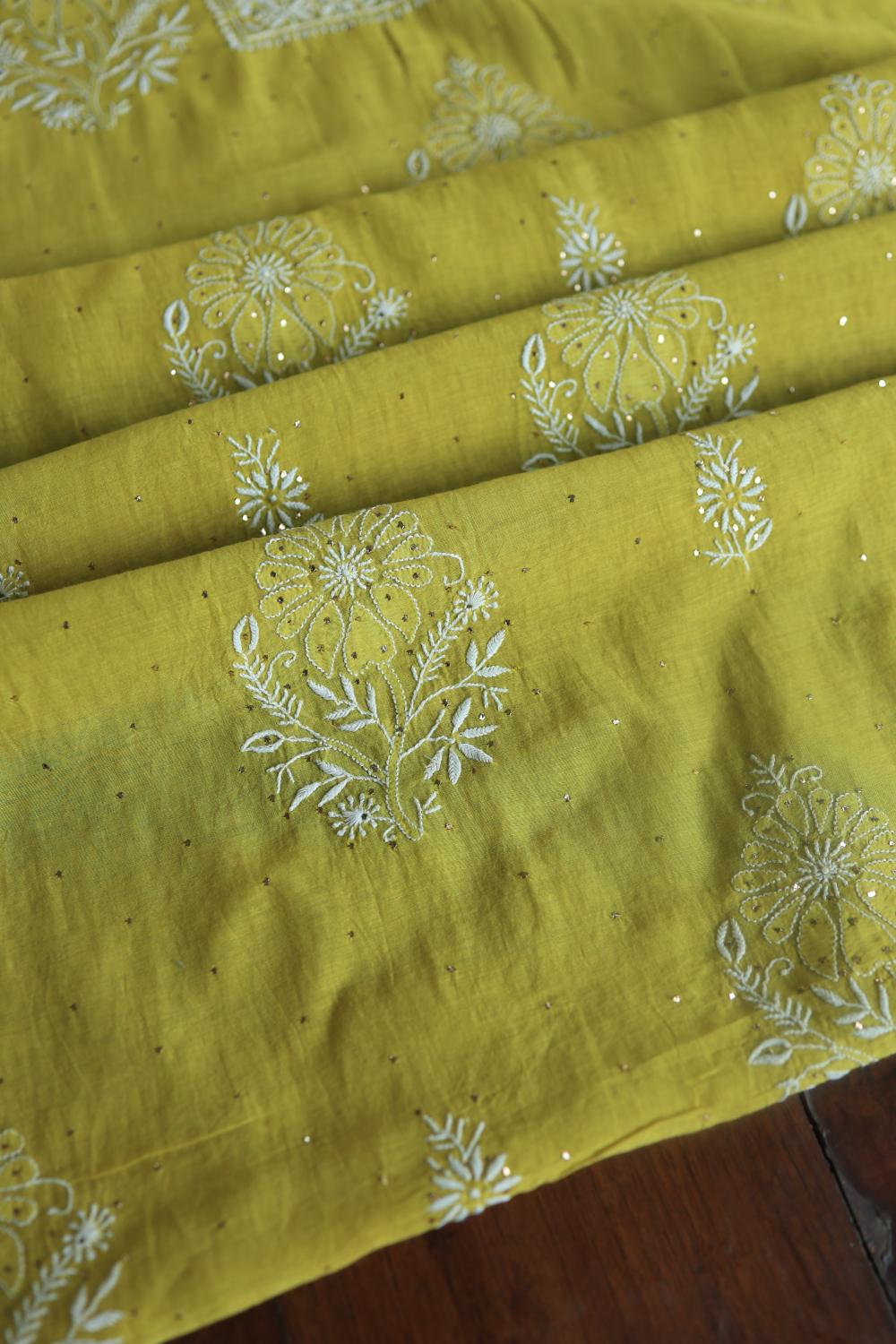 Olive Green Mal Cotton Fine Chikankari With Kamdani Work Unstitched Fabric