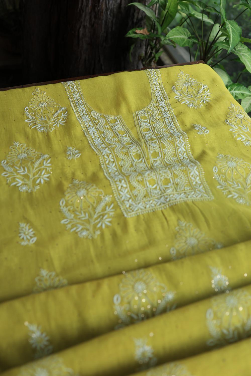 Olive Green Mal Cotton Fine Chikankari With Kamdani Work Unstitched Fabric