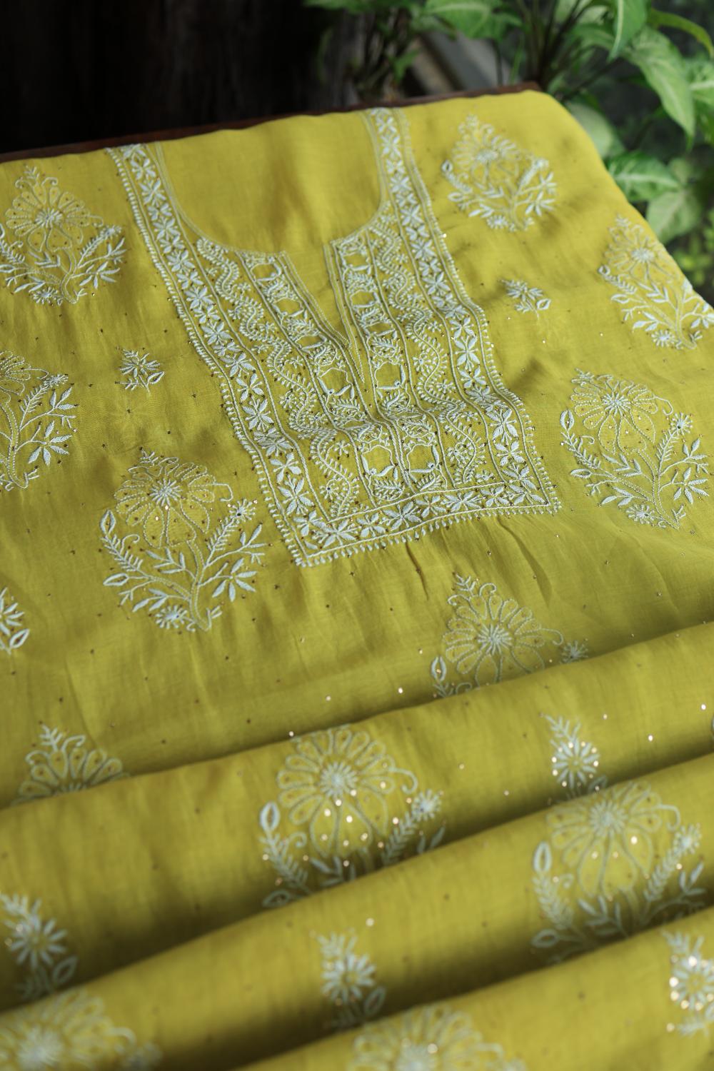 Olive Green Mal Cotton Fine Chikankari With Kamdani Work Unstitched Fabric