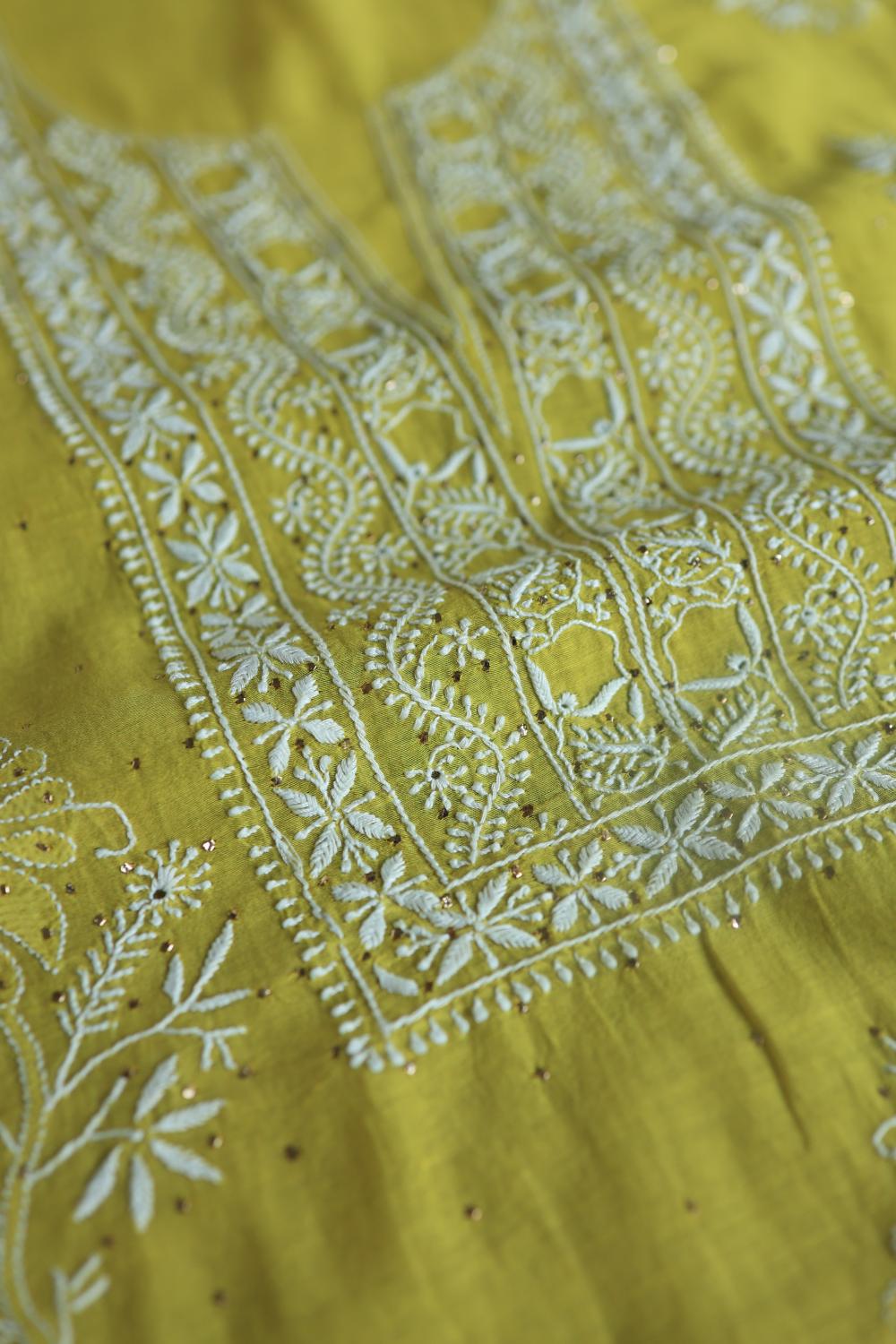 Olive Green Mal Cotton Fine Chikankari With Kamdani Work Unstitched Fabric