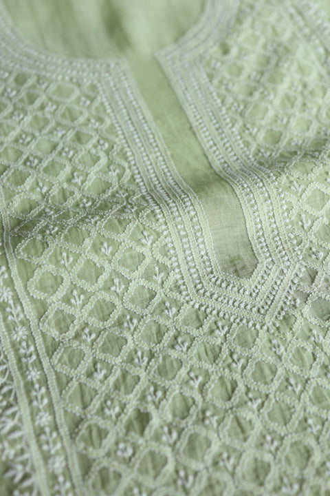 Olive Green Shade Mal Cotton Fine Chikankari Unstitched Fabric