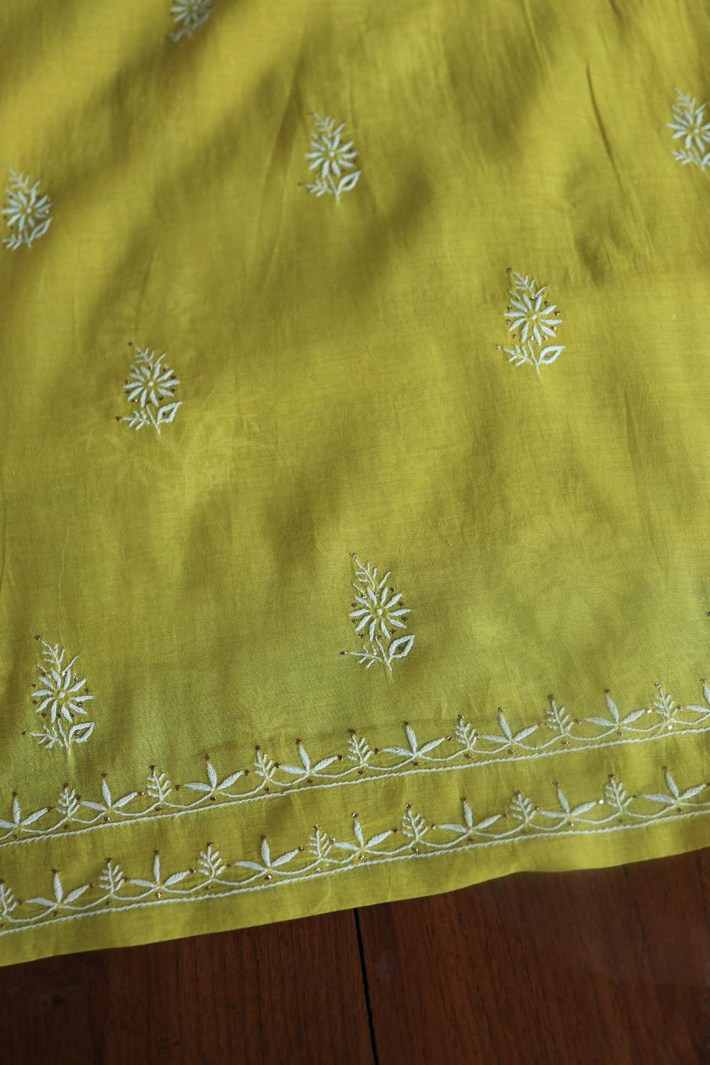 Olive Green Mal Cotton Fine Chikankari With Kamdani Work Unstitched Fabric