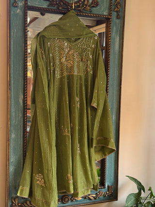 Olive Green Mukaish Kamdani Mul Chanderi Angarkha