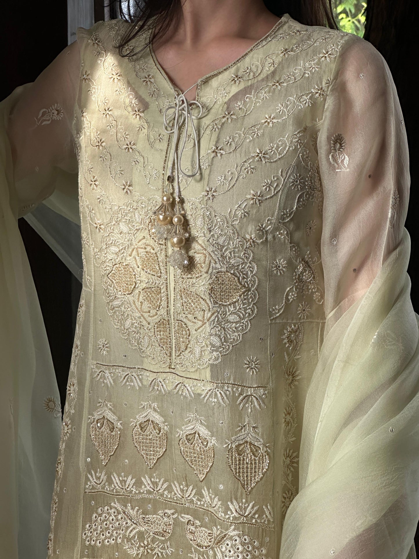 Olive Green Ombre Shade Noor Organza Chikankari A Line Kurta With Dupatta