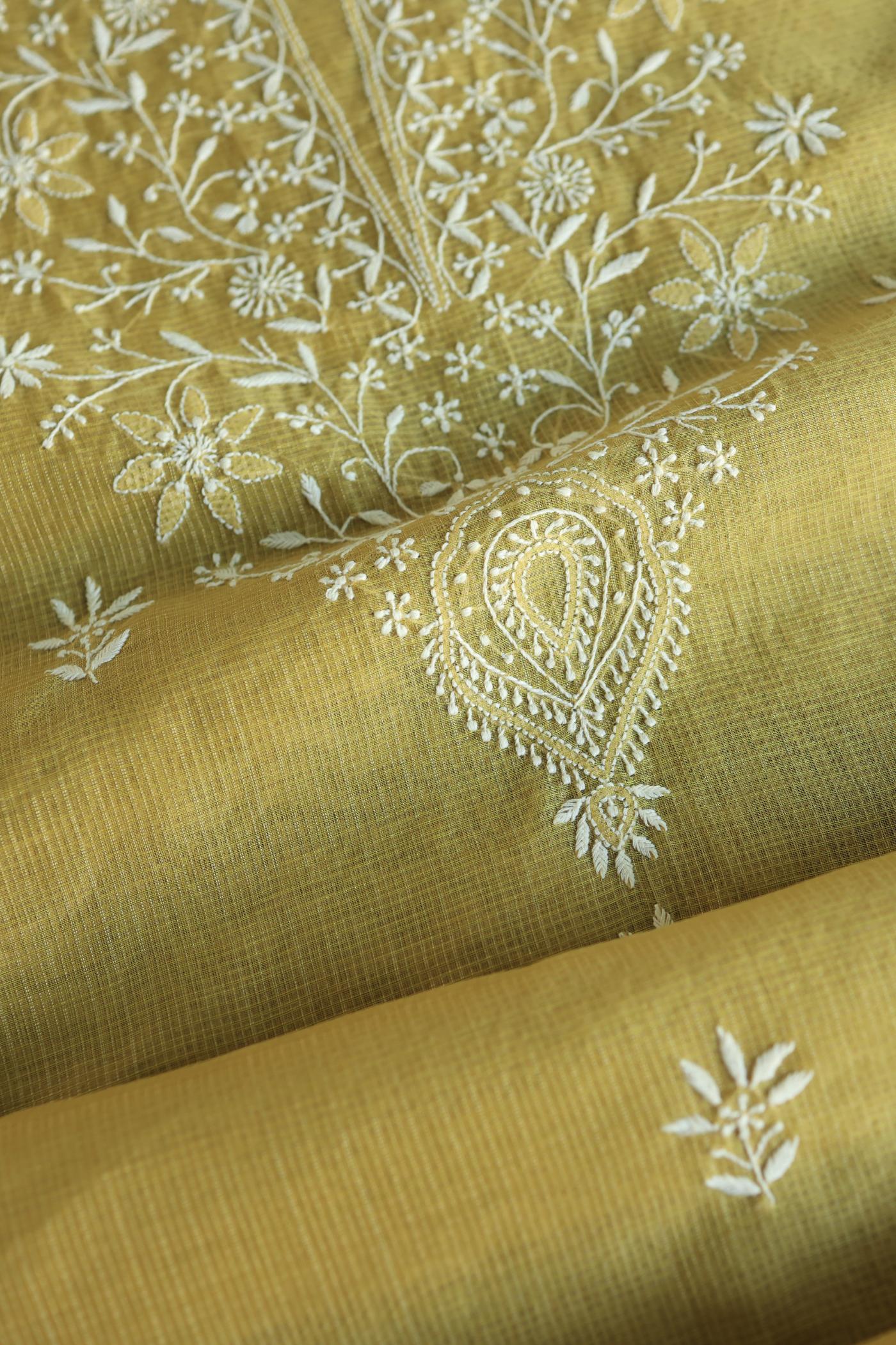 Olive Green Shade Kota Chikankari Unstitched Fabrics