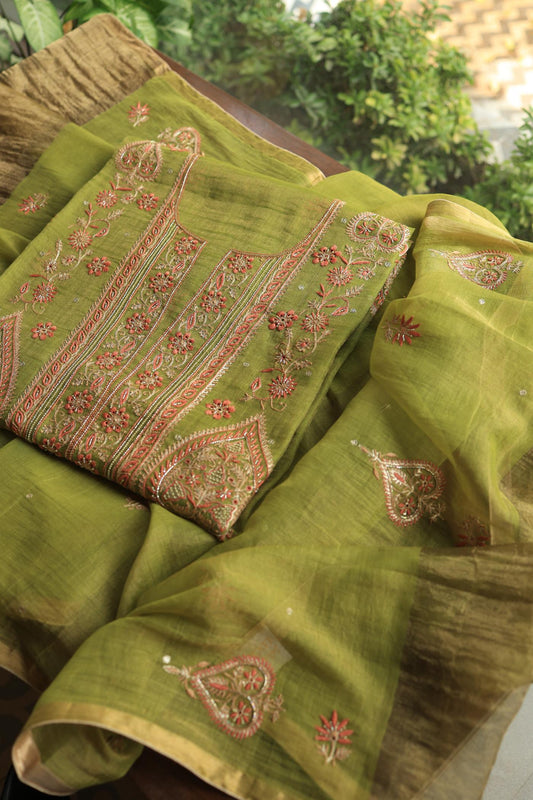Olive Green Tissue Silk Chikankari Unstitched Fabric