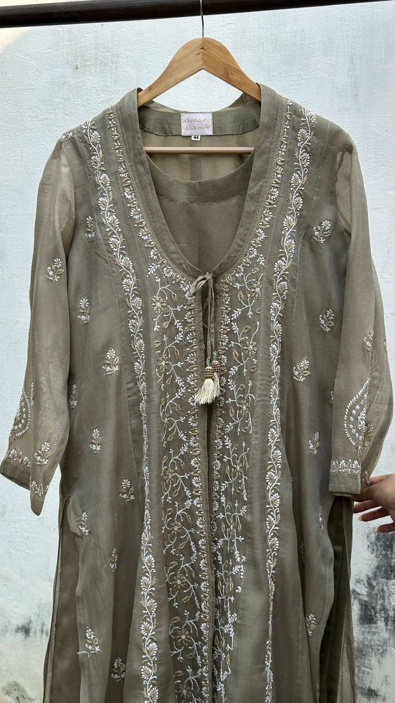 Olive Shade SICO Mal Chikankari Kurta With Mukaish Kamdani – Ready to Wear