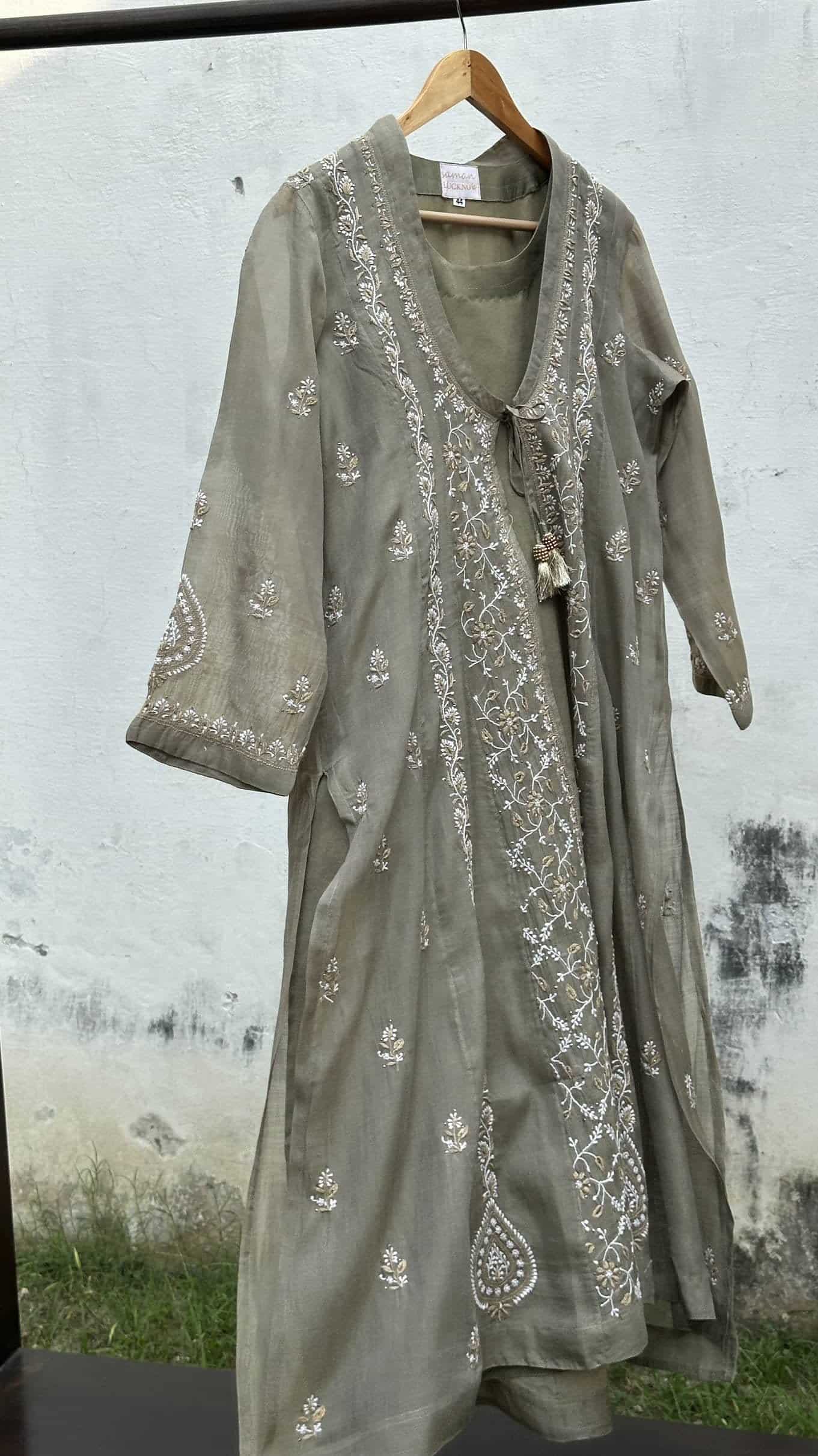 Olive Shade SICO Mal Chikankari Kurta With Mukaish Kamdani – Ready to Wear