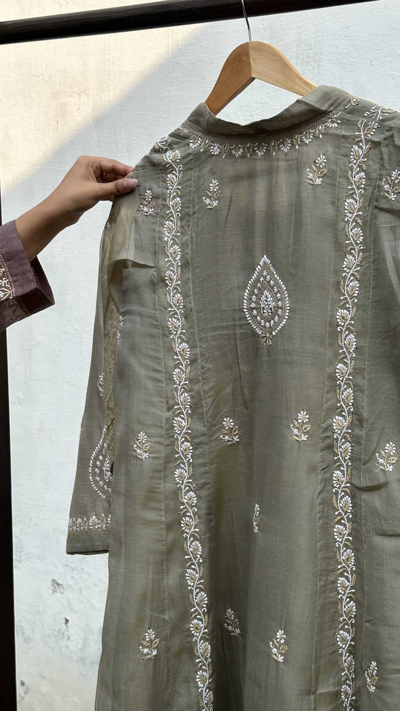 Olive Shade SICO Mal Chikankari Kurta With Mukaish Kamdani – Ready to Wear