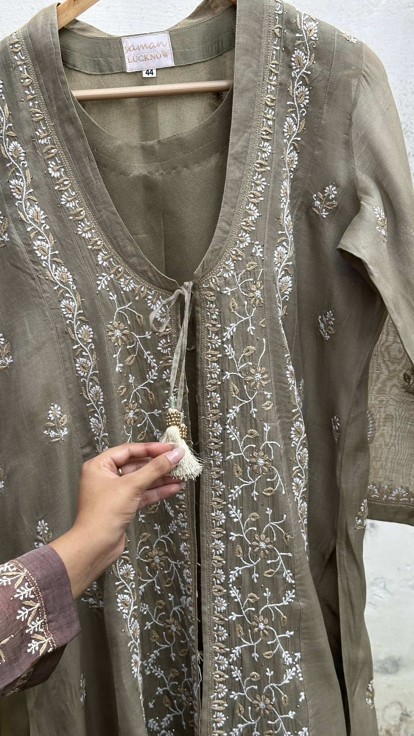 Olive Shade SICO Mal Chikankari Kurta With Mukaish Kamdani – Ready to Wear