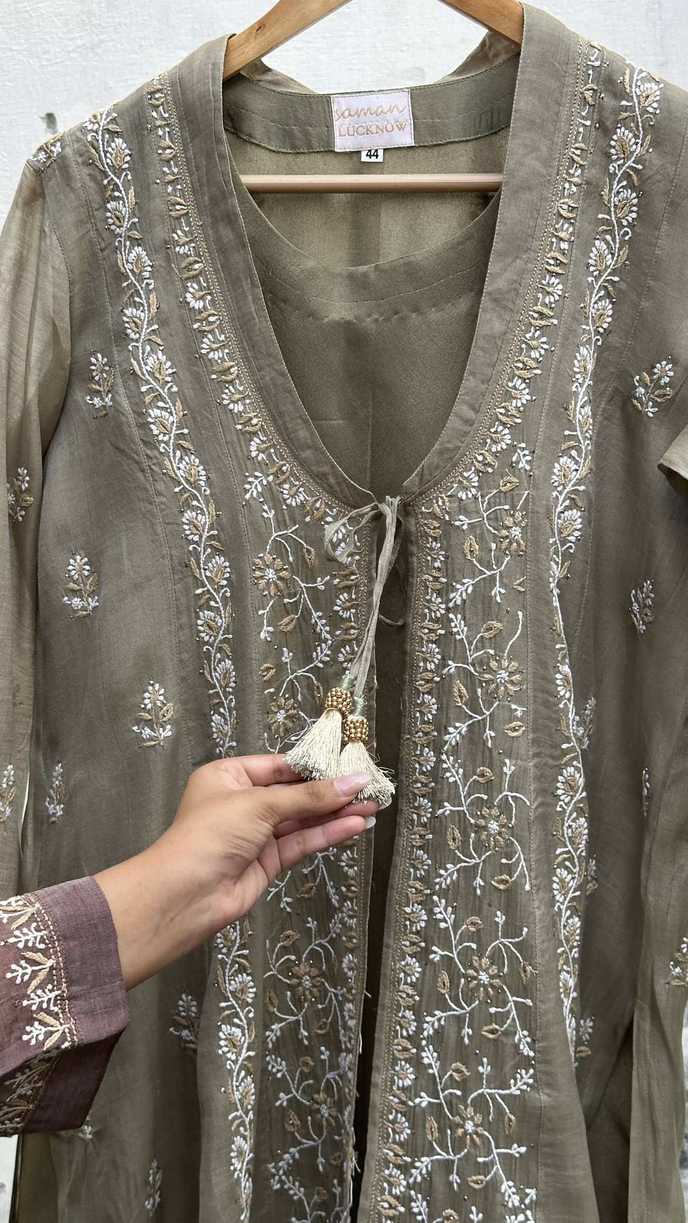 Olive Shade SICO Mal Chikankari Kurta With Mukaish Kamdani – Ready to Wear