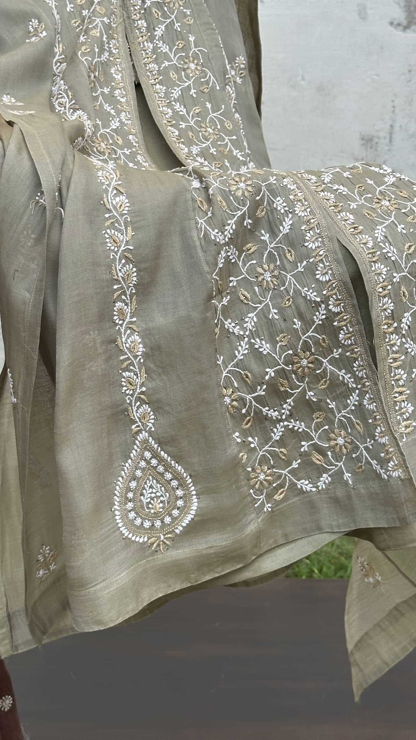 Olive Shade SICO Mal Chikankari Kurta With Mukaish Kamdani – Ready to Wear