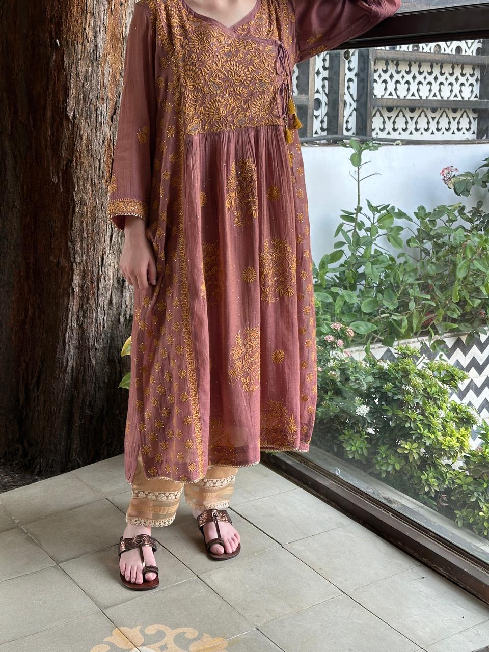 Onion Pink Tissue Silk Chikankari Angarkha