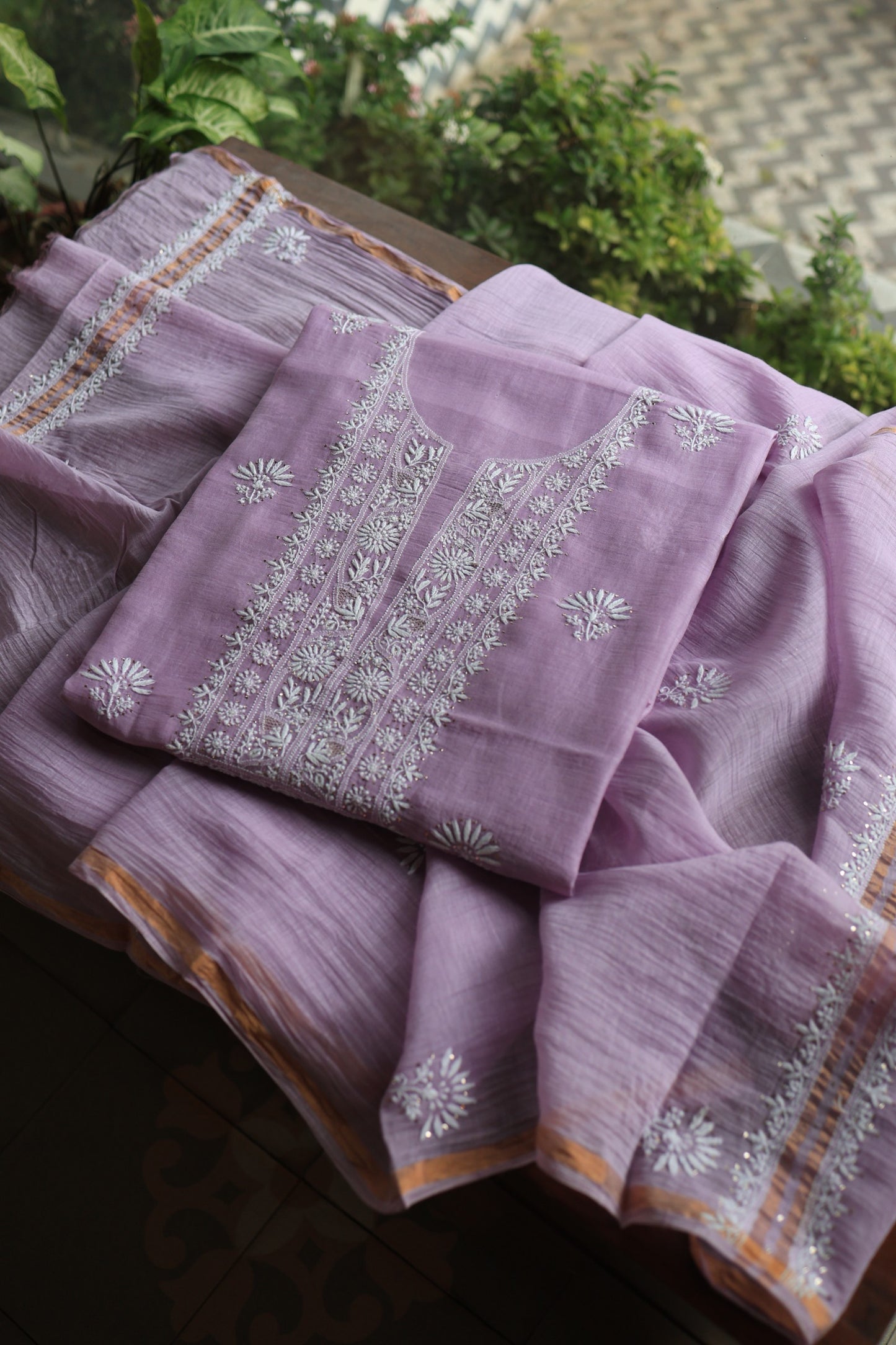 Opera Mauve Mal Cotton Chikankari Unstitched Fabrics With Kamdani