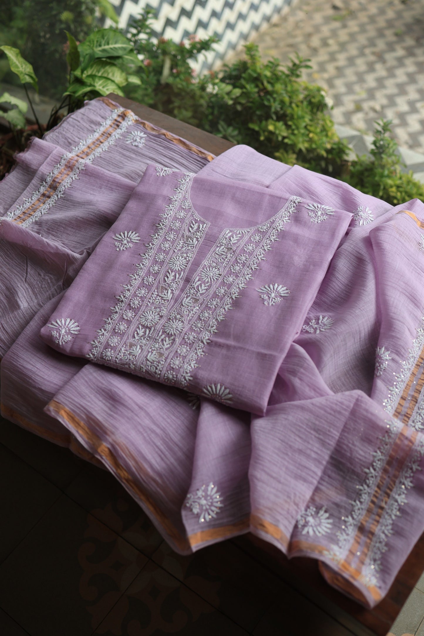 Opera Mauve Mal Cotton Chikankari Unstitched Fabrics With Kamdani