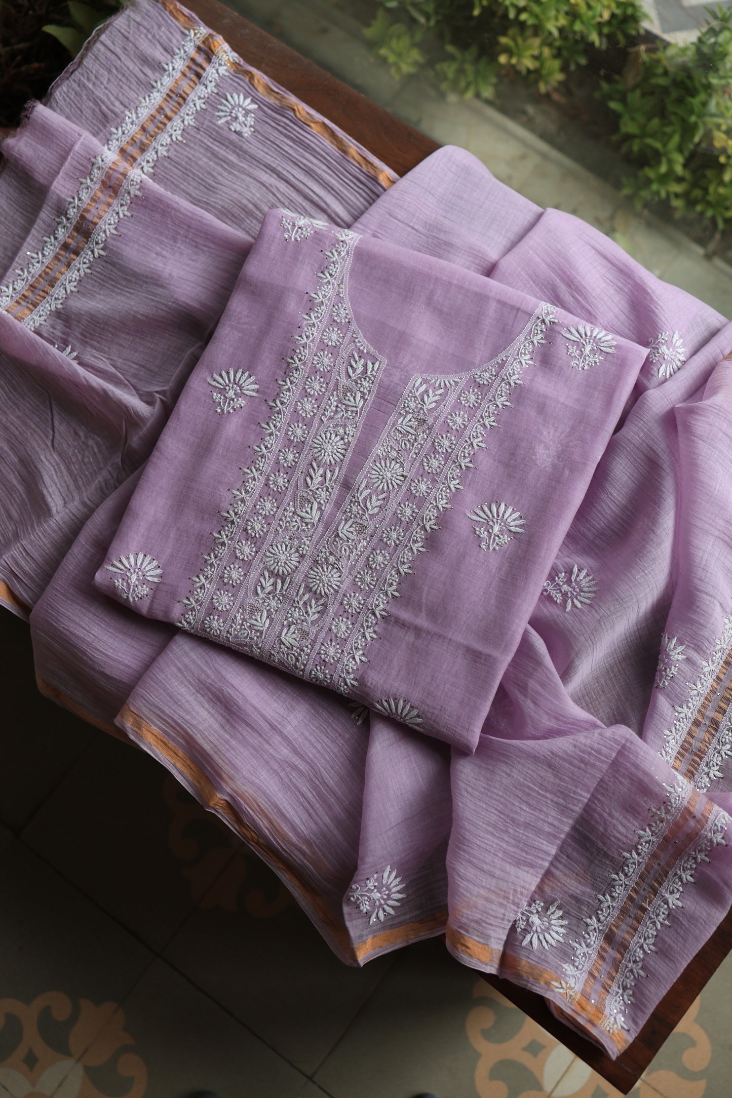 Opera Mauve Mal Cotton Chikankari Unstitched Fabrics With Kamdani