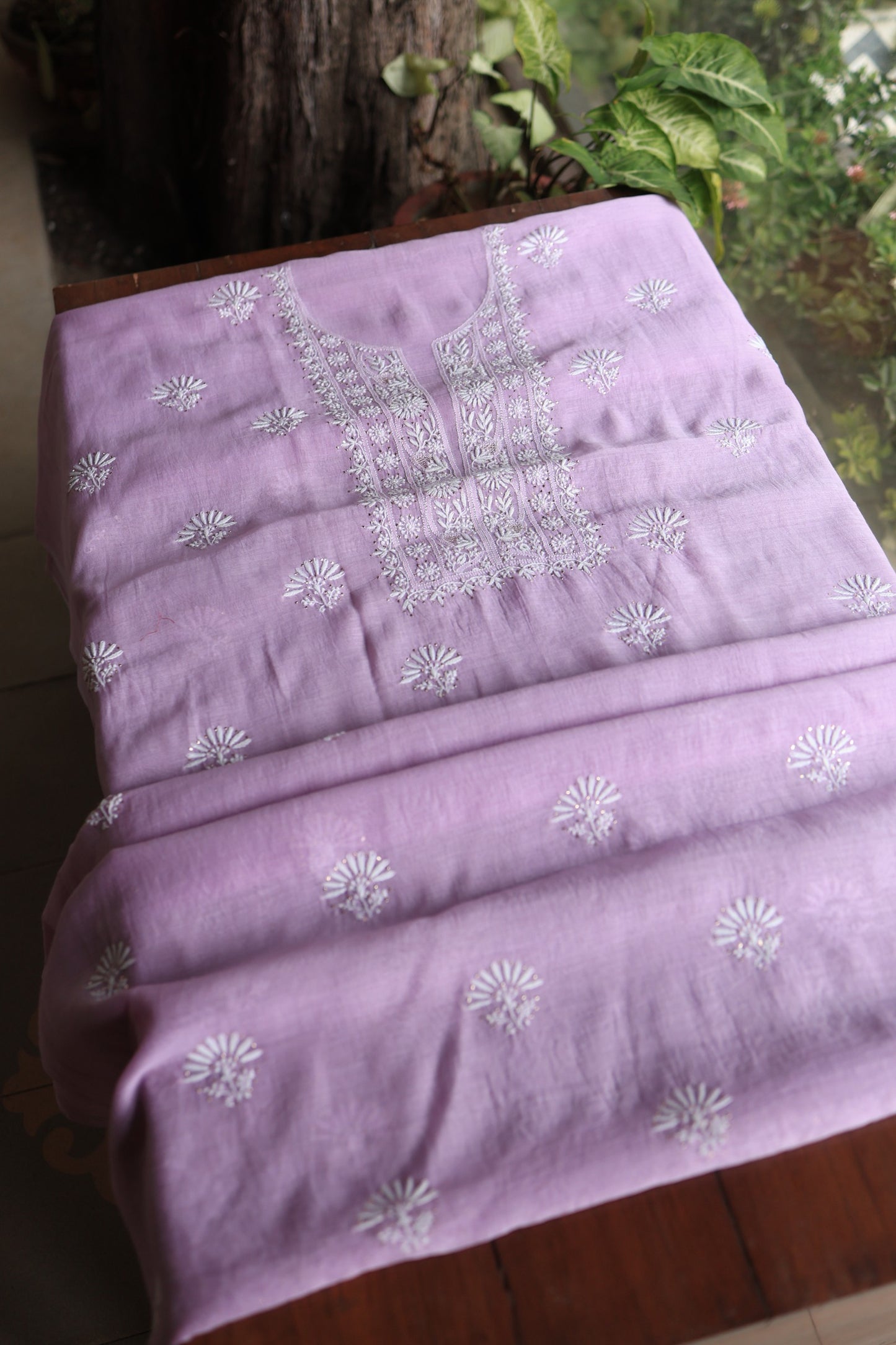 Opera Mauve Mal Cotton Chikankari Unstitched Fabrics With Kamdani