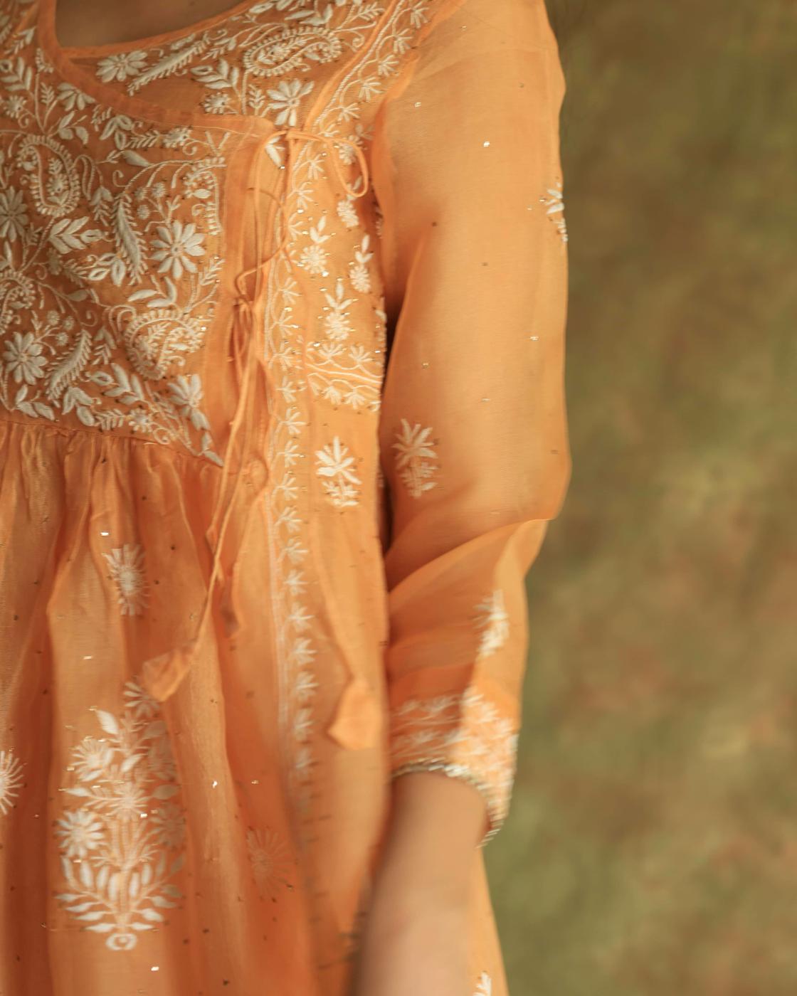 Orange Noor Organza Silk Fine Chikankari with Kamdani Ready to Wear Angarkha