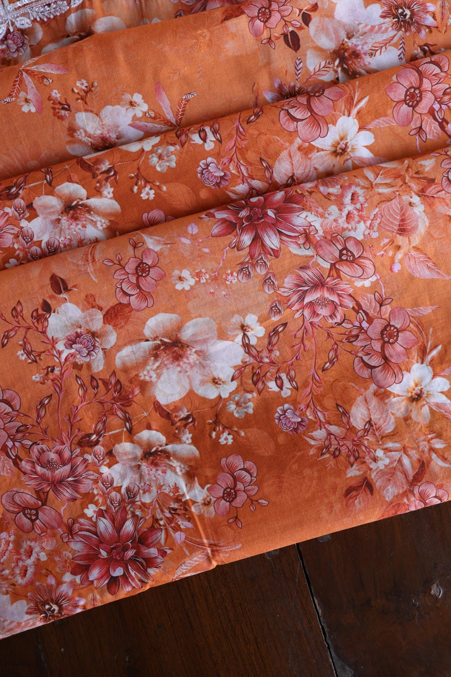 Orange Floral Cotton Kurta Fabric with Chikankari & Sequin Work