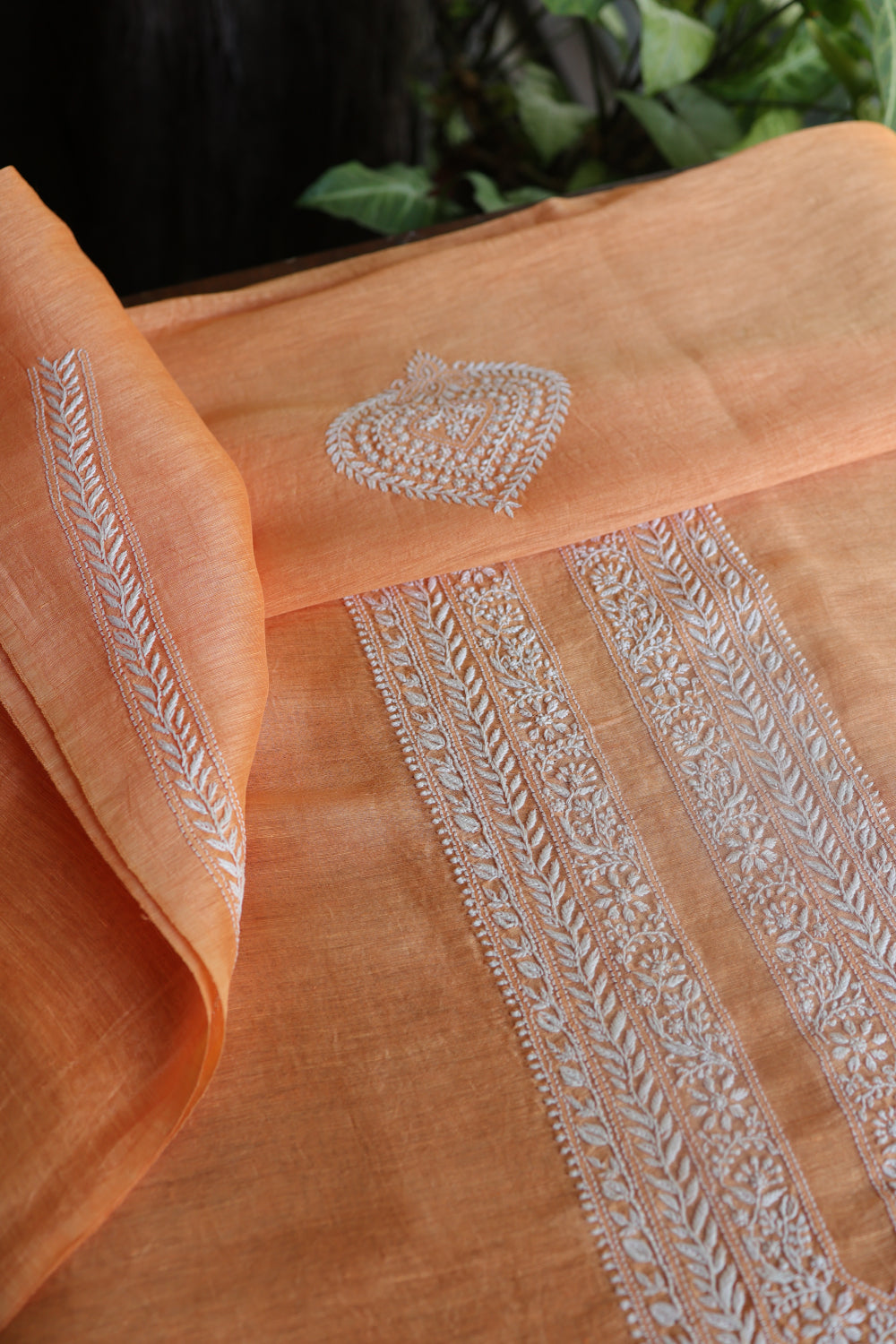 Orange Linen Chikankari Unstitched Men's Kurtas Fabric