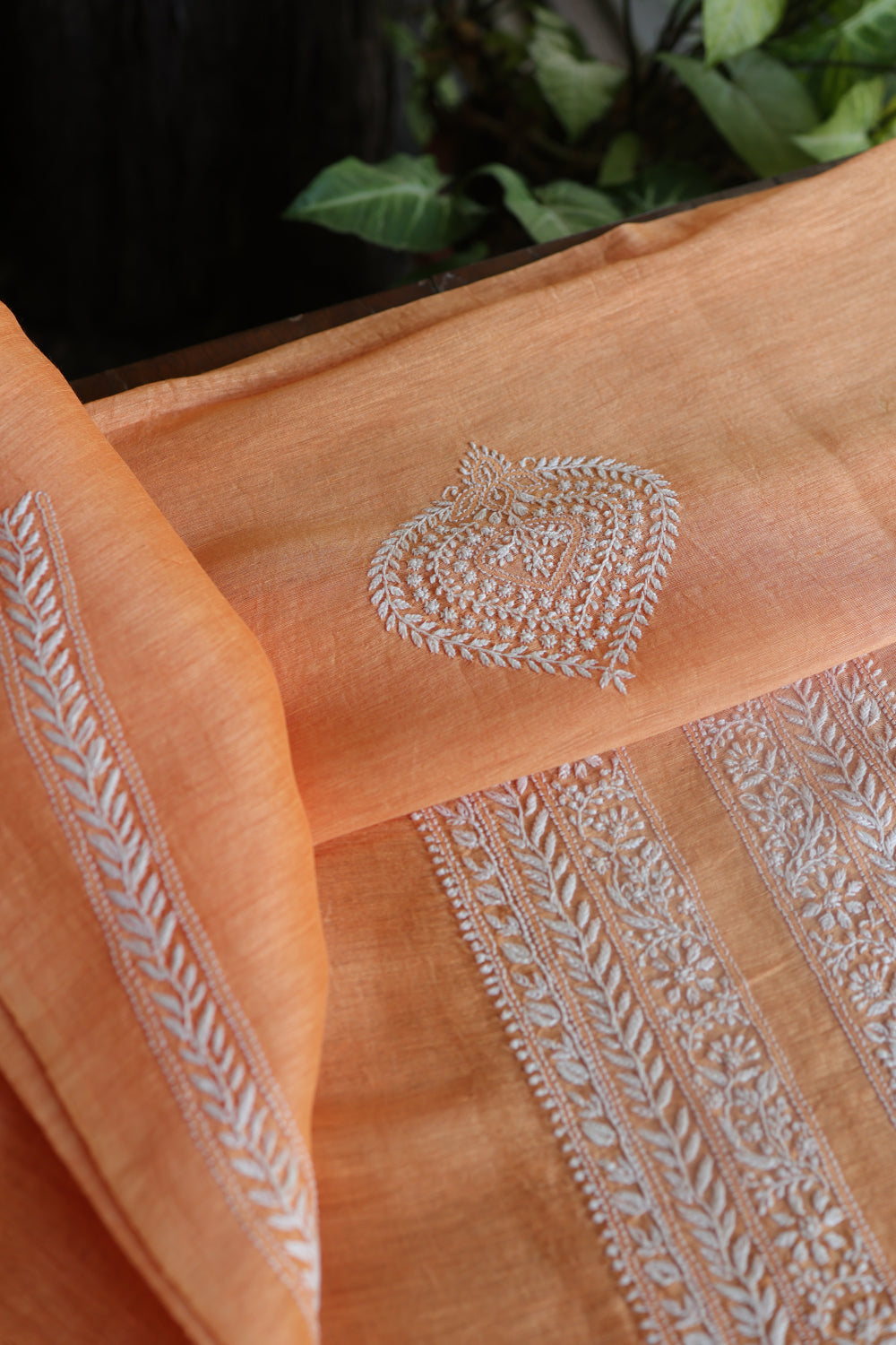 Orange Linen Chikankari Unstitched Men's Kurtas Fabric