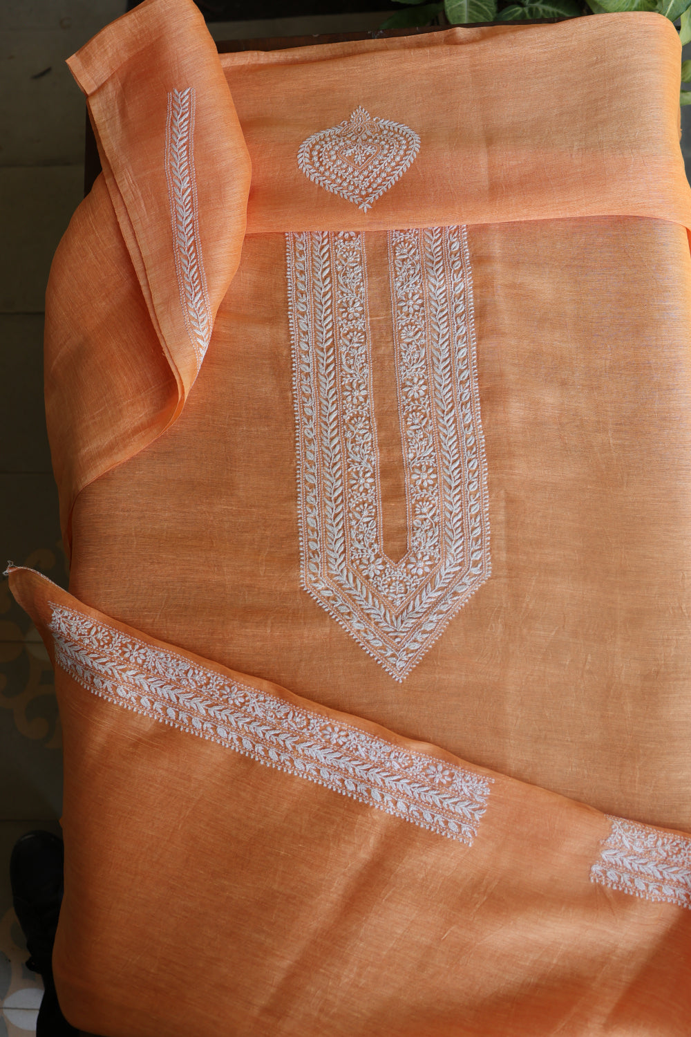 Orange Linen Chikankari Unstitched Men's Kurtas Fabric
