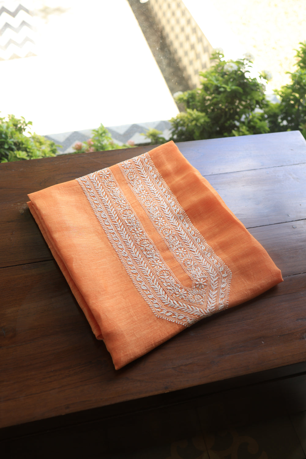 Orange Linen Chikankari Unstitched Men's Kurtas Fabric