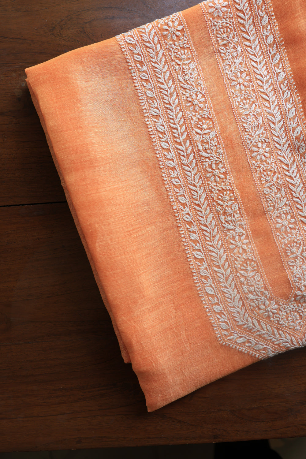 Orange Linen Chikankari Unstitched Men's Kurtas Fabric