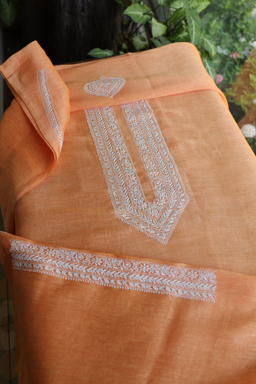 Orange Linen Chikankari Unstitched Men's Kurtas Fabric