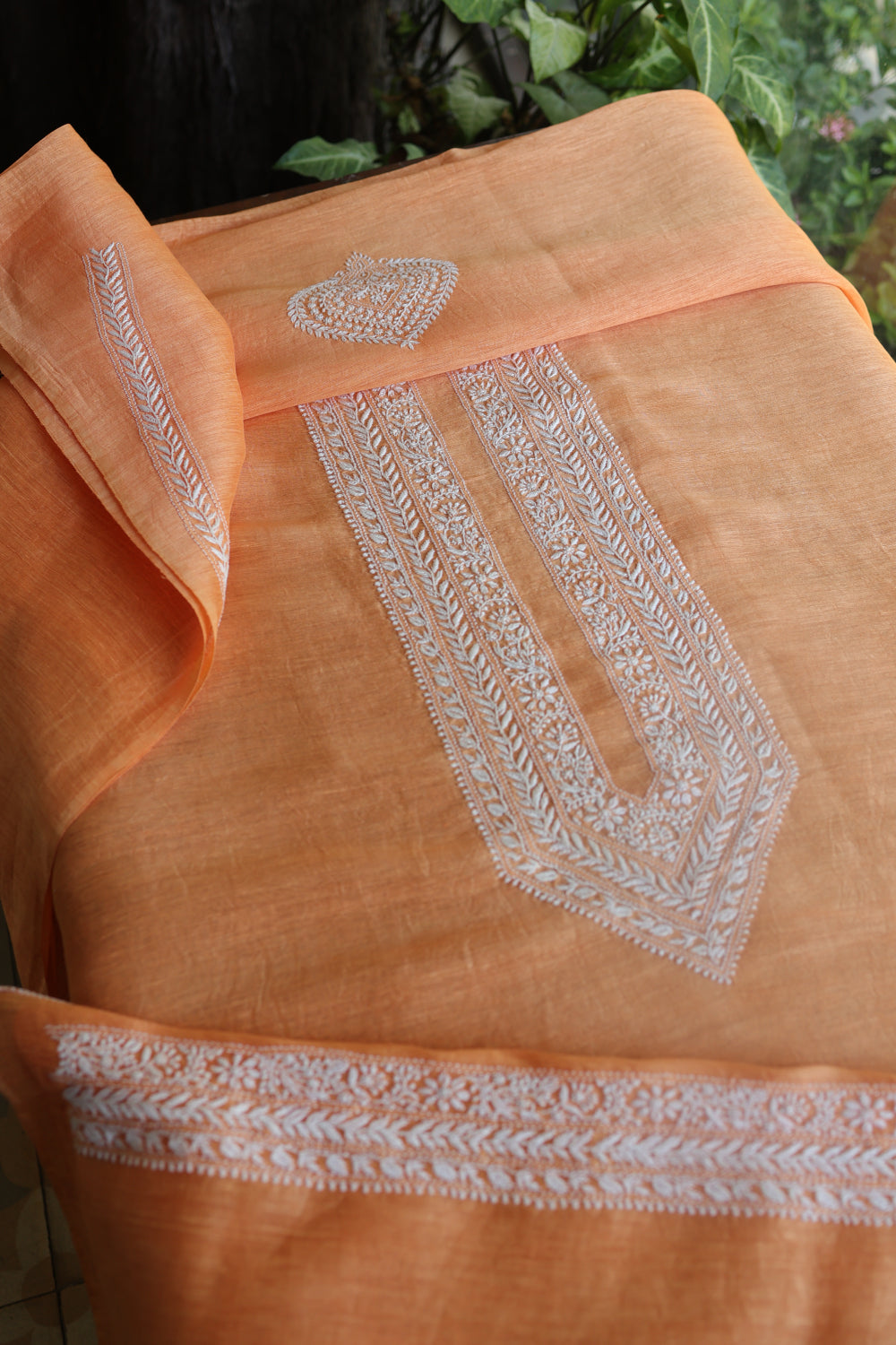 Orange Linen Chikankari Unstitched Men's Kurtas Fabric