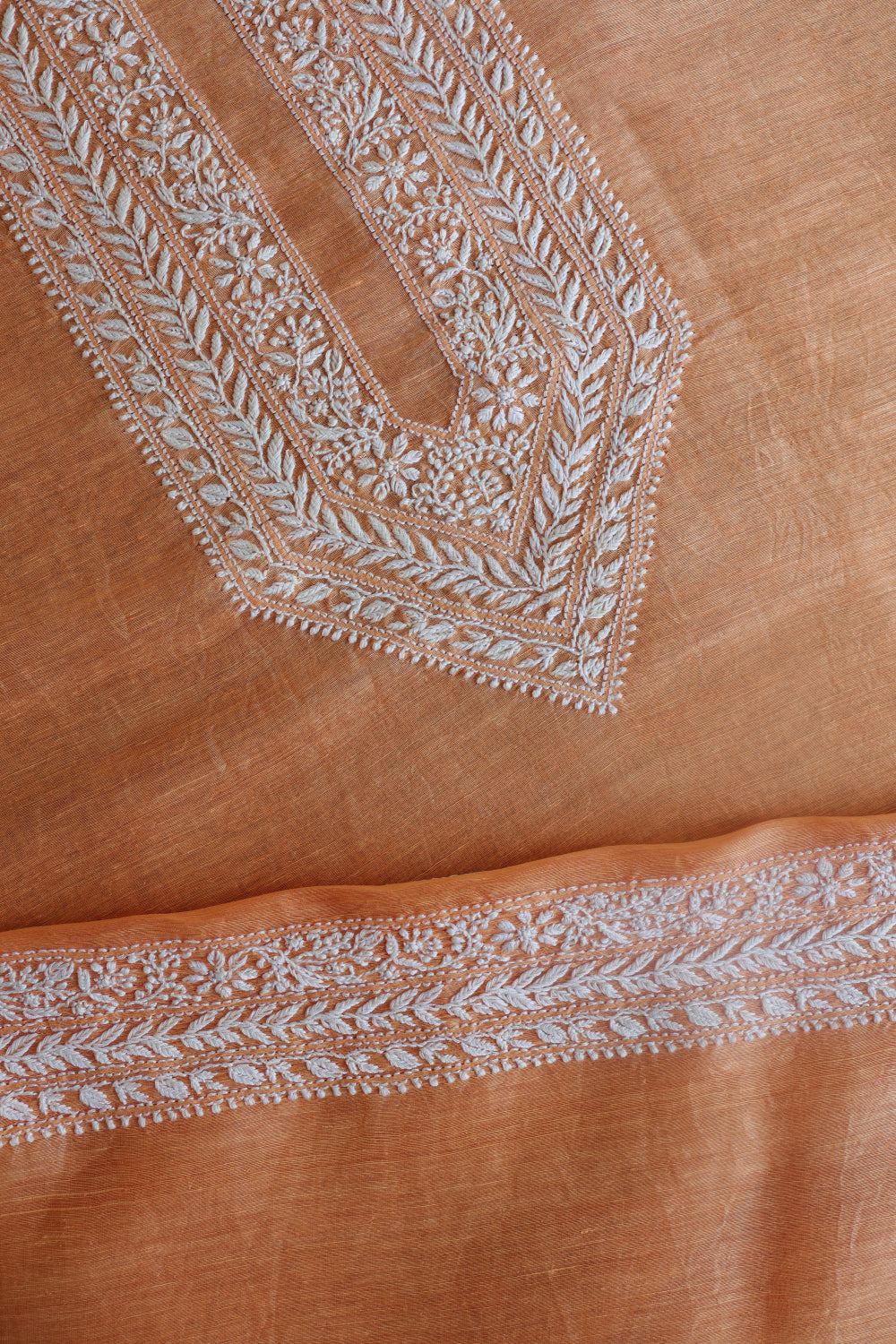 Orange Linen Chikankari Unstitched Men's Kurtas Fabric