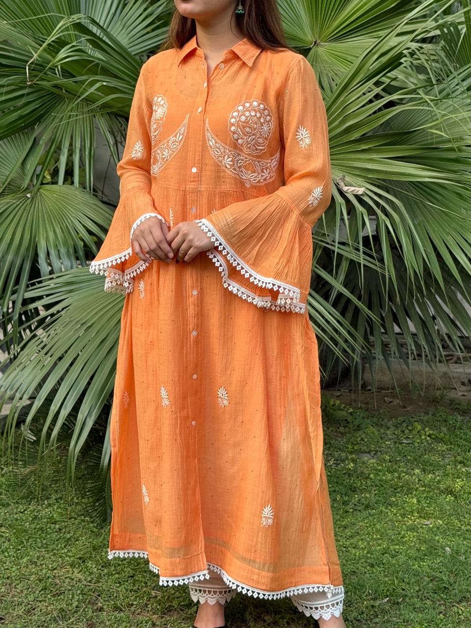 Orange Mal chikankari Dress With Bell Sleeves