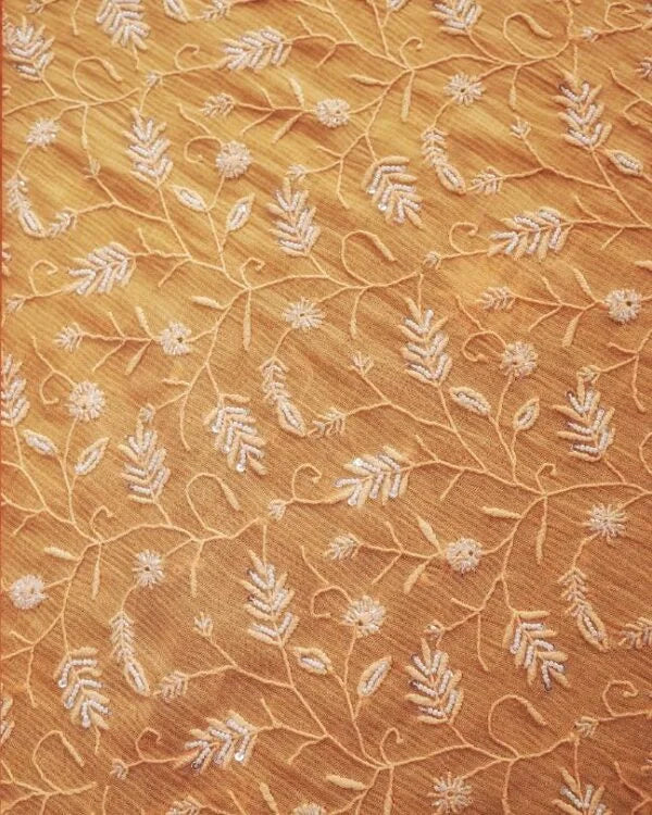 Orange Mul Chanderi Silk Chikankari With Sequins Unstitched Fabric