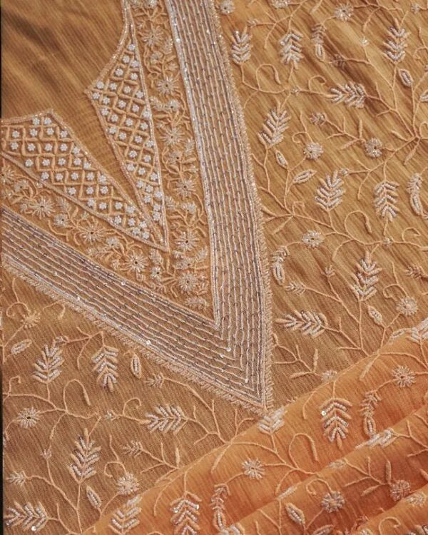 Orange Mul Chanderi Silk Chikankari With Sequins Unstitched Fabric