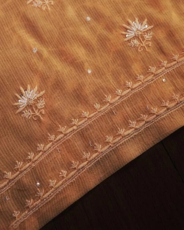 Orange Mul Chanderi Silk Chikankari With Sequins Unstitched Fabric