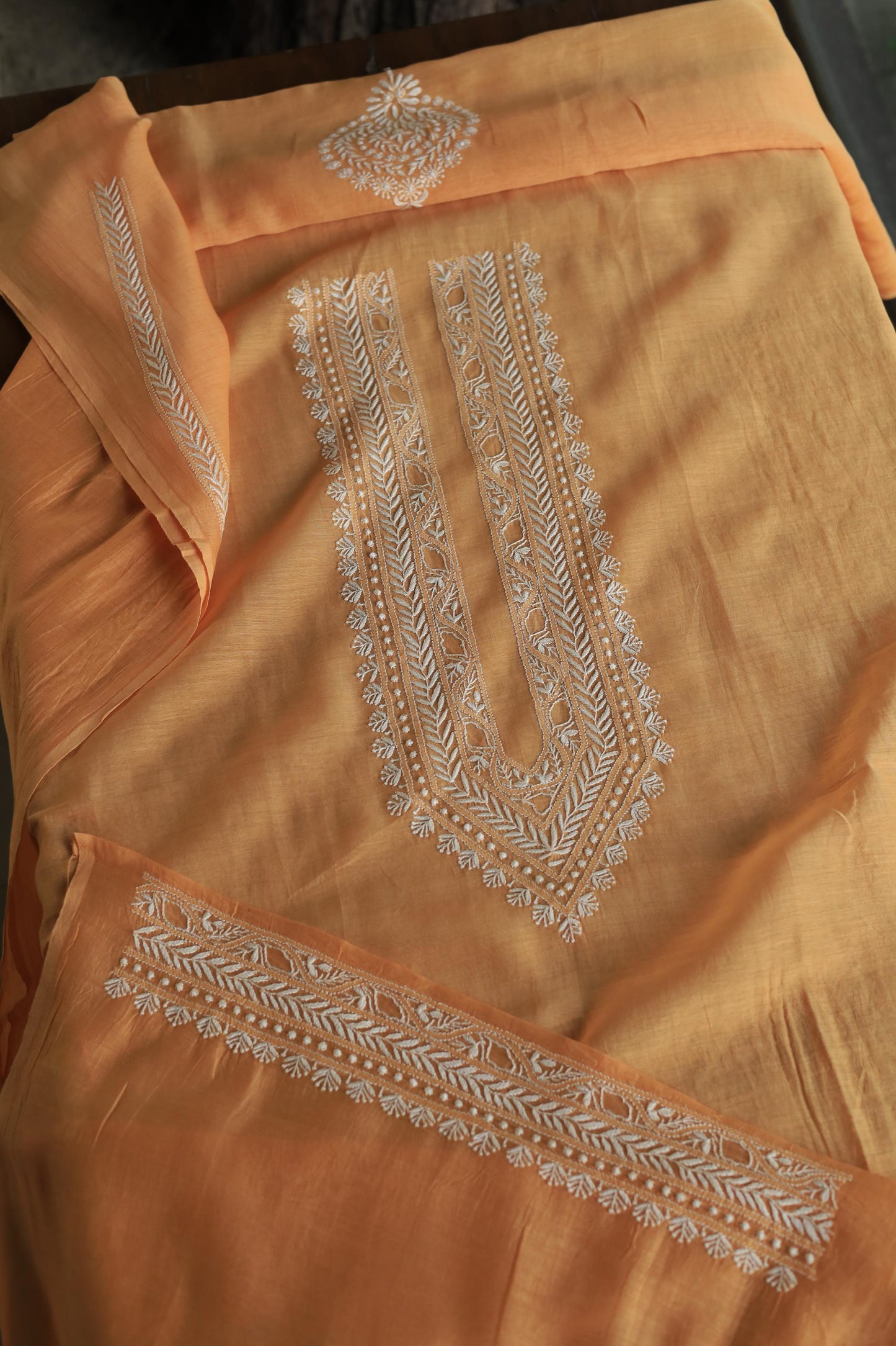 Orange Mulmul Chikankari Unstitched Men's Kurtas Fabric