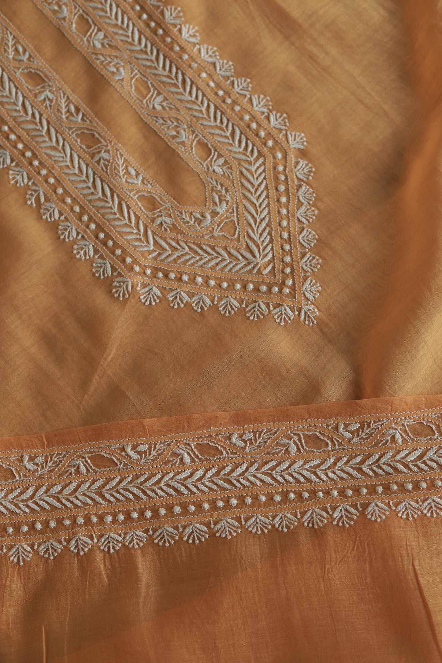 Orange Mulmul Chikankari Unstitched Men's Kurtas Fabric