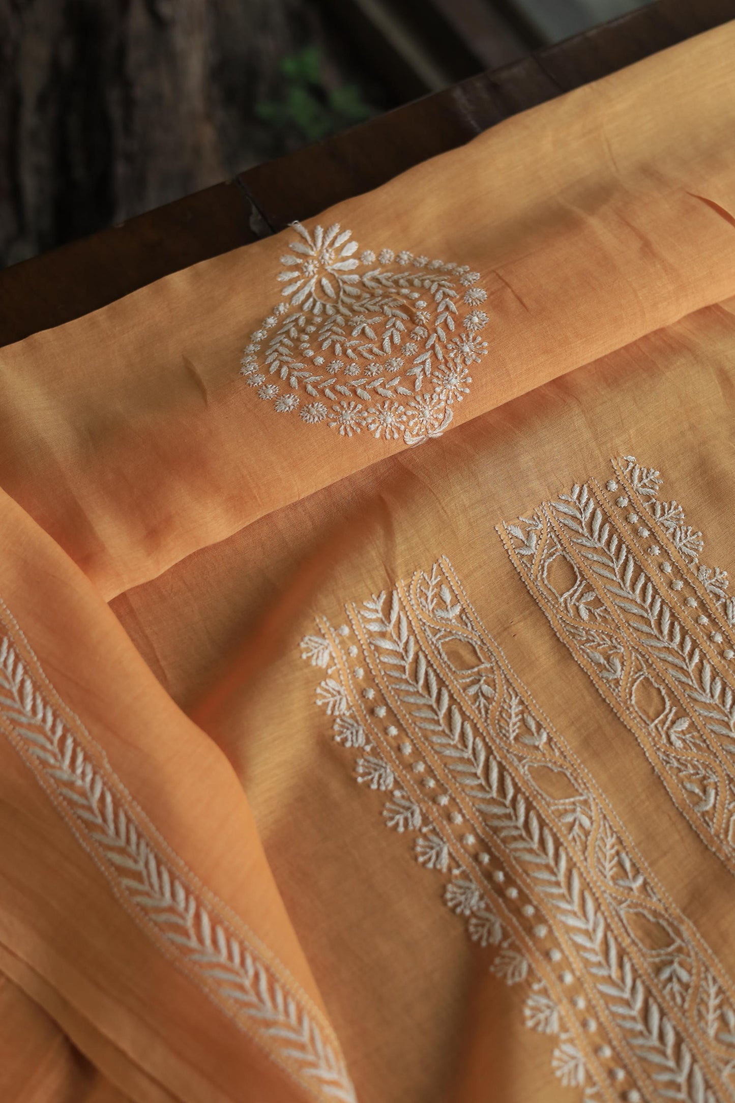 Orange Mulmul Chikankari Unstitched Men's Kurtas Fabric