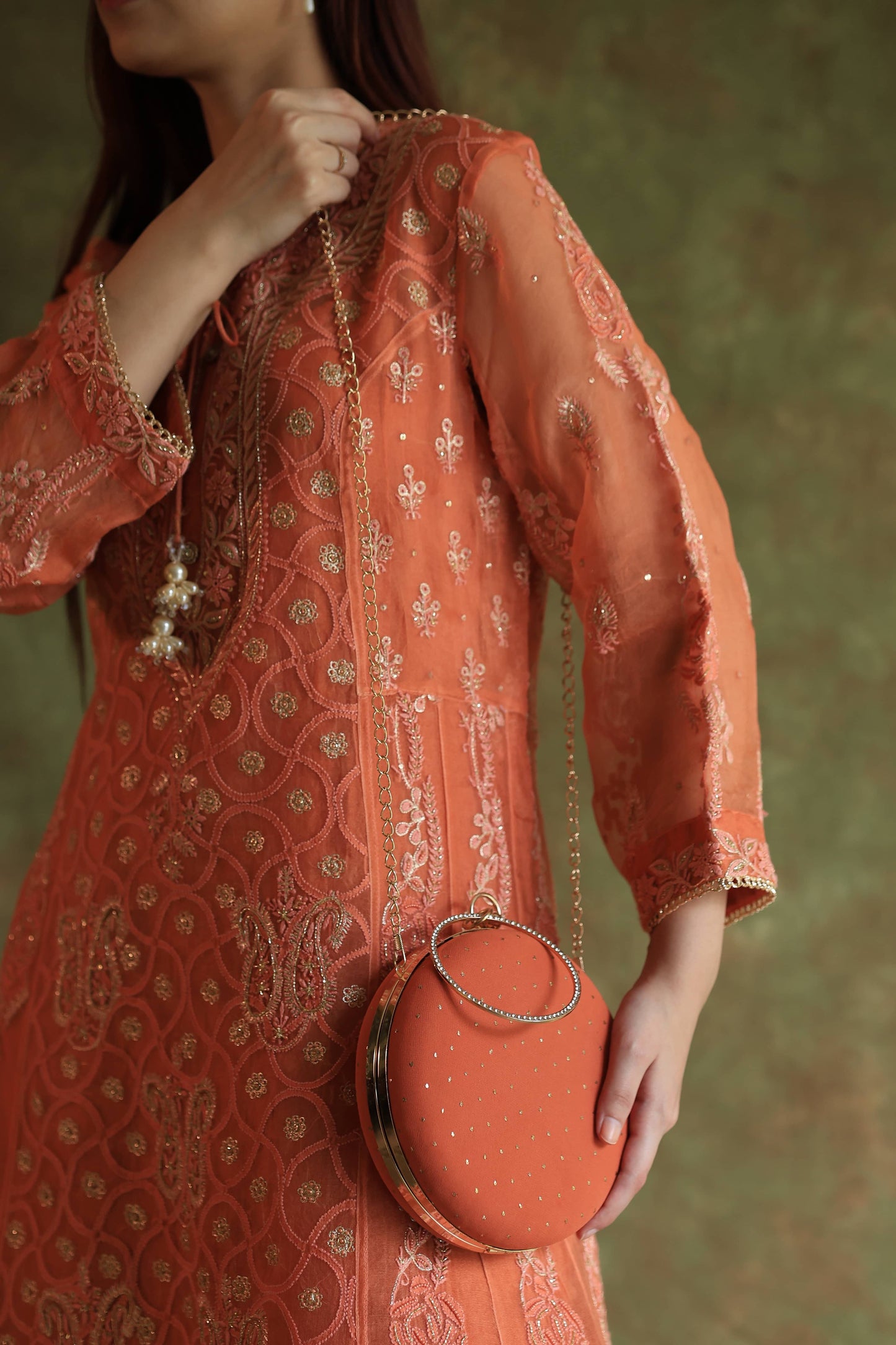 Orange Pure Georgette Mukaish Kamdani Sling Clutch