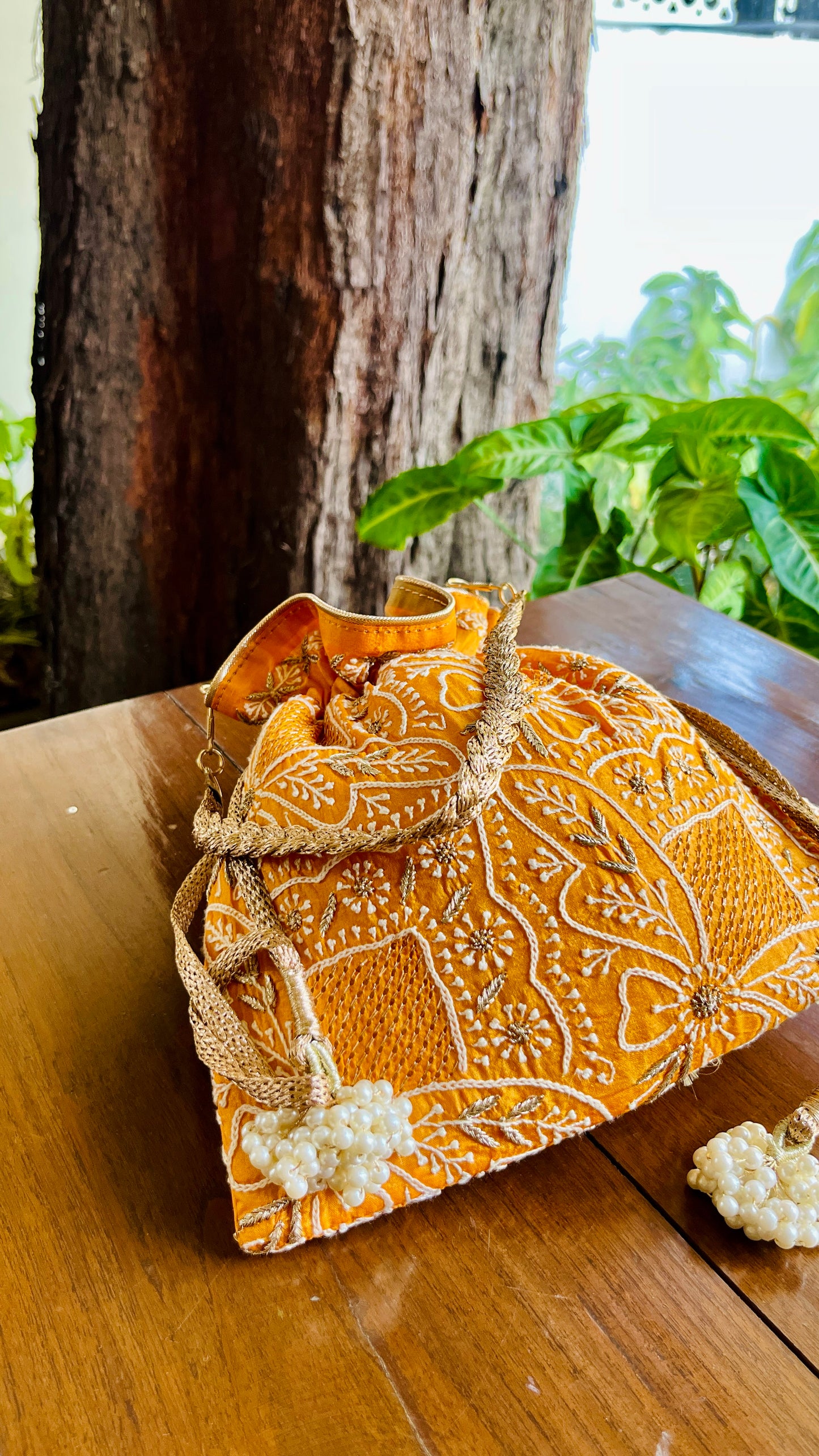 Orange Raw Silk Chikankari Polti Bags