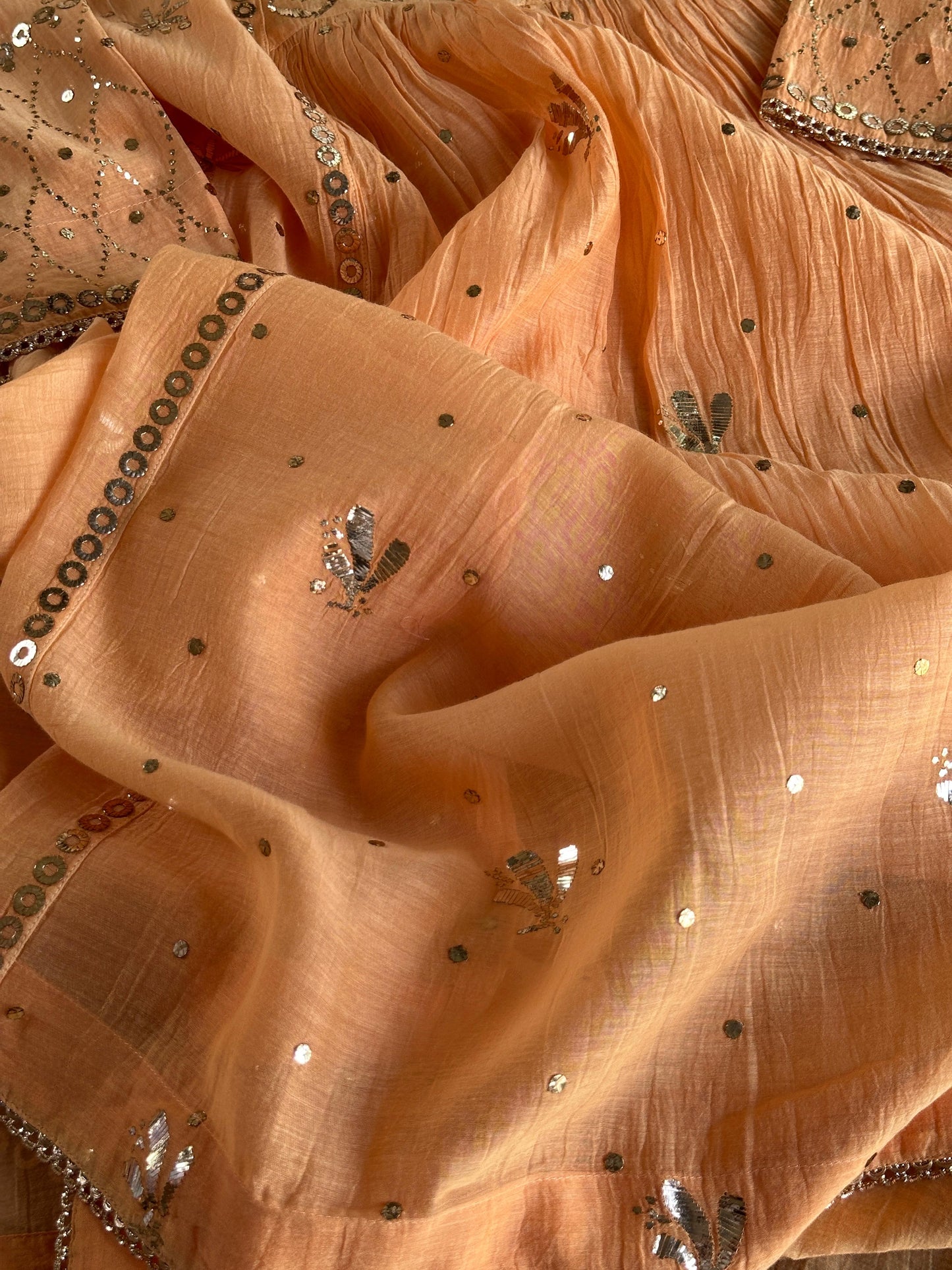 Orange Salmon Shade Mukaish Kamdani Mul Chanderi Kurta Set