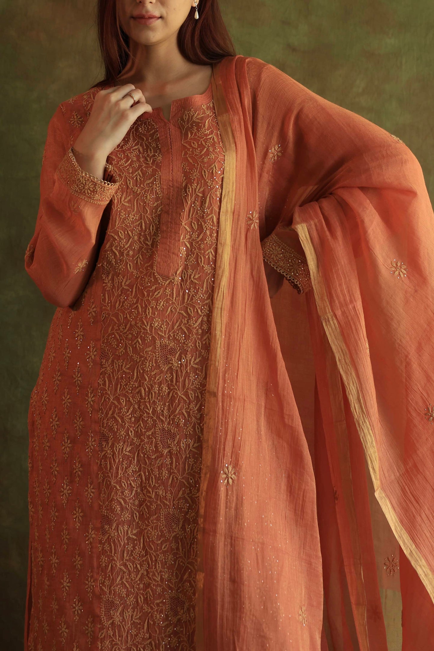 Orange Salmon Tissue Silk Chikankari Kurta Set