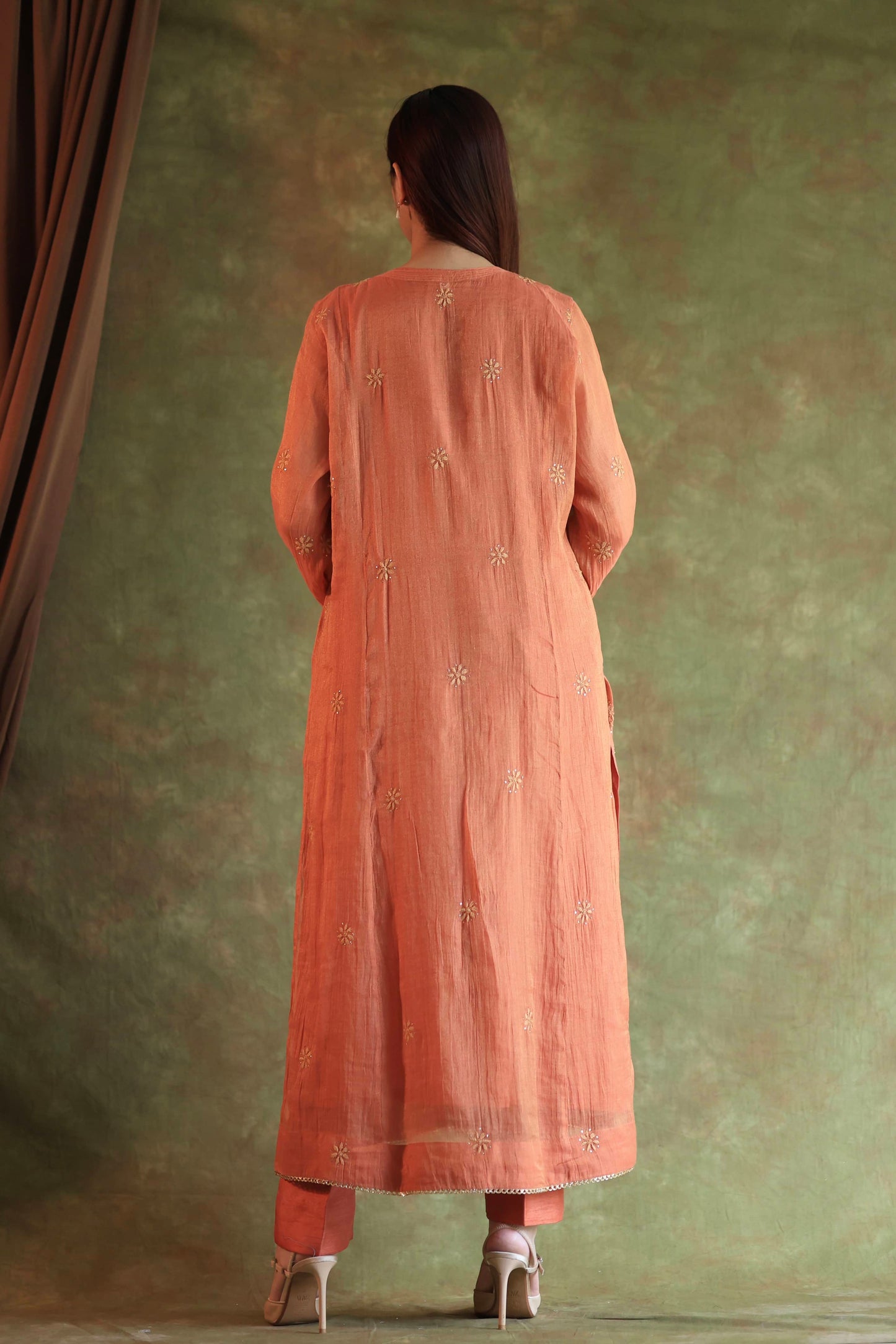 Orange Salmon Tissue Silk Chikankari Kurta Set
