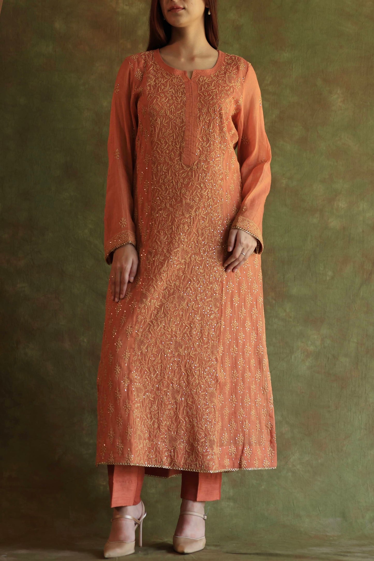 Orange Salmon Tissue Silk Chikankari Kurta Set
