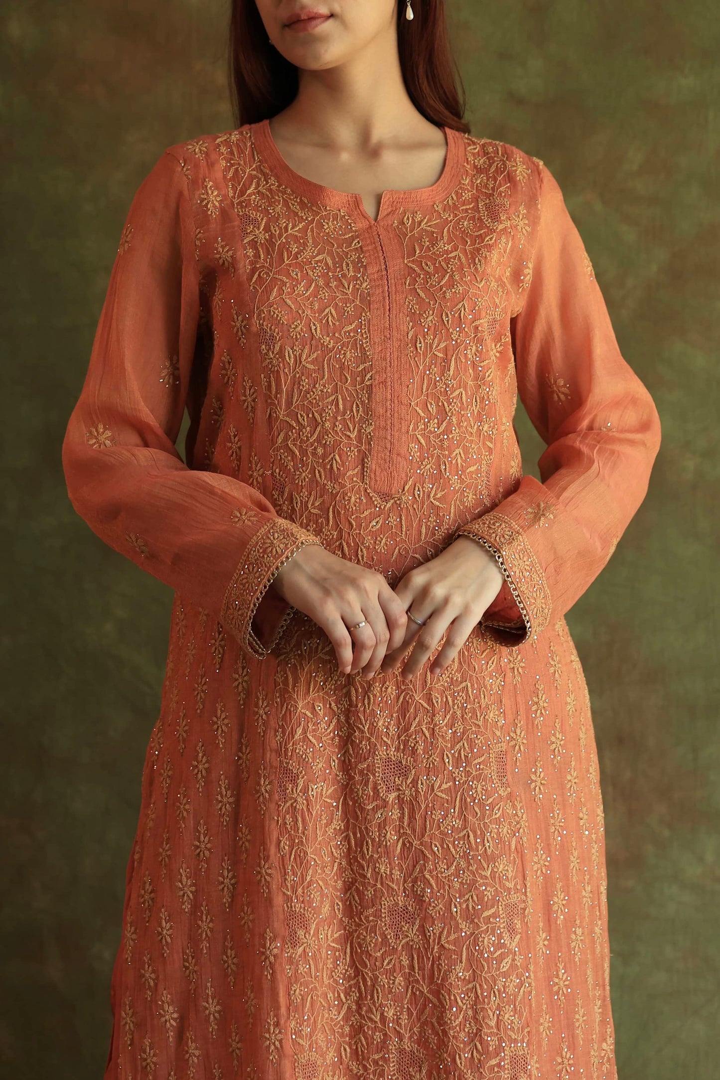 Orange Salmon Tissue Silk Chikankari Kurta Set